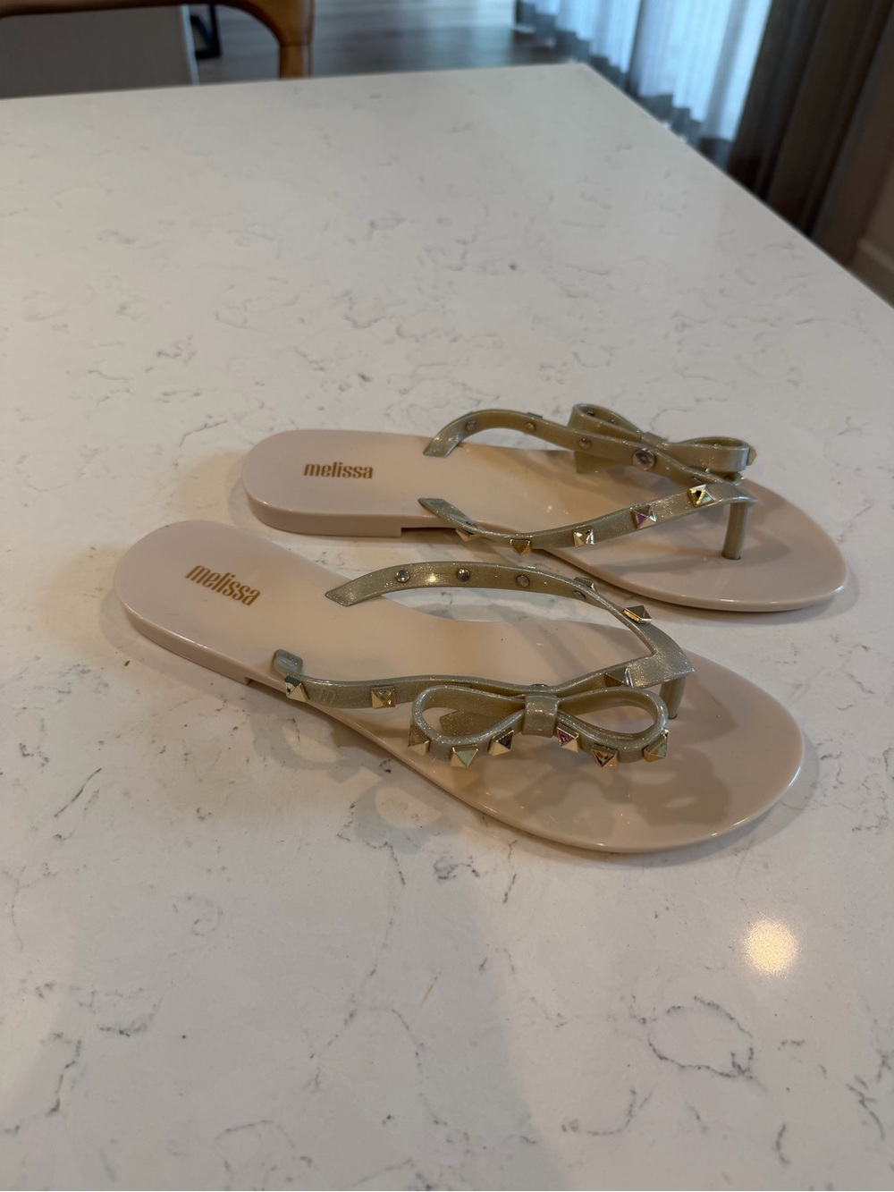 Melissa Nude Beige Jelly Bow Sandals with Gold Studs